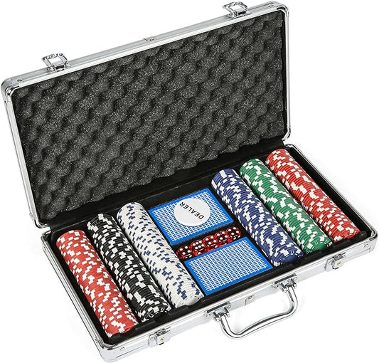 300 PCS Poker Chips Set  with Case for Texas Holdem Gambling Blackjack 1 Dealer Buttons, 2 Decks