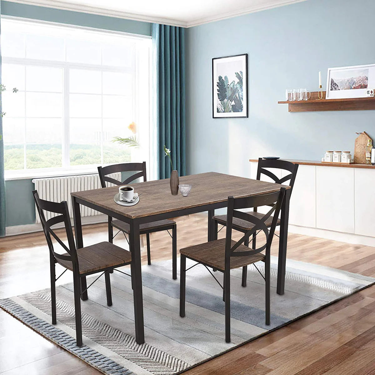 5 Piece Dining Table Set, 1 Dining Table 47.2  for 4 with 4 Dining Chairs Modern Dinette, Metal Backrest