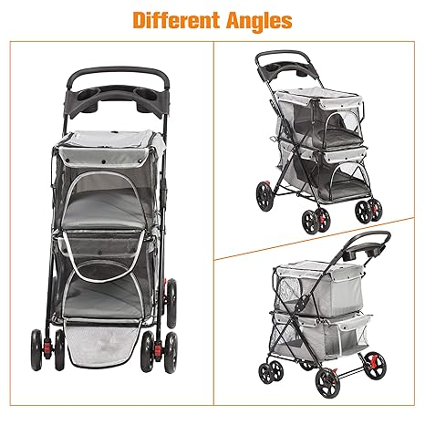 Double Pet Stroller for 2 Cats Dogs, 4 Wheels Foldable Cat Stroller, Dog Stroller for Small Medium Pets