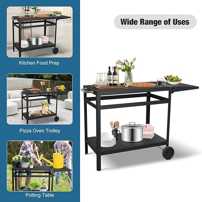 Portable Double-Shelf Dining Cart with Wheels, Carry Handle, Foldable Side Table, Pizza Oven Table