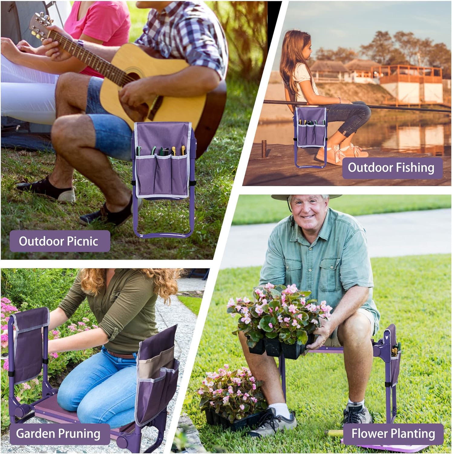 Garden Kneeler and Seat, Foldable Gardening Stool with 2 Tool Pouches, Purple | karmasfar.us