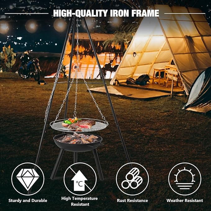 Outdoor Tripod Grill Fire Pit, Adjustable Cooking Tripod with Round Grill Grate