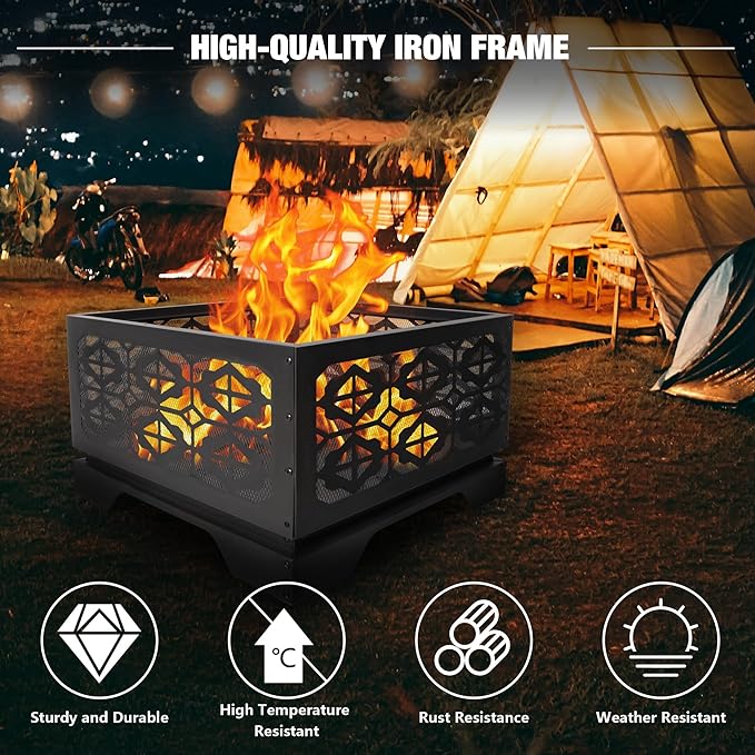 2-in-1 Outdoor Wood Burning Square Fire Pit with Steel BBQ Grill, Spark Screen, Black