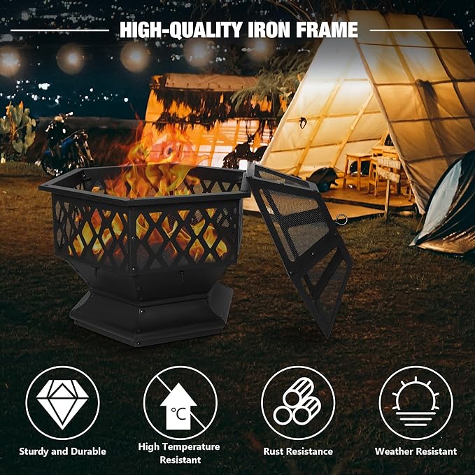 Outdoor Wood Burning Hexagon Fire Pit with Steel,Wood Grate for Patio, Spark Screen, Black