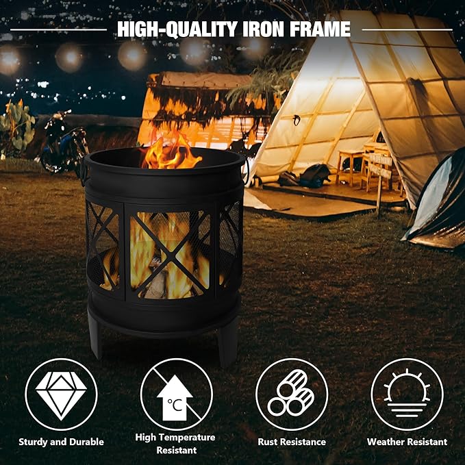 Outdoor Wood Burning Barrel Fire Pit with Steel, Wood Grate for Patio, Spark Screen, Black