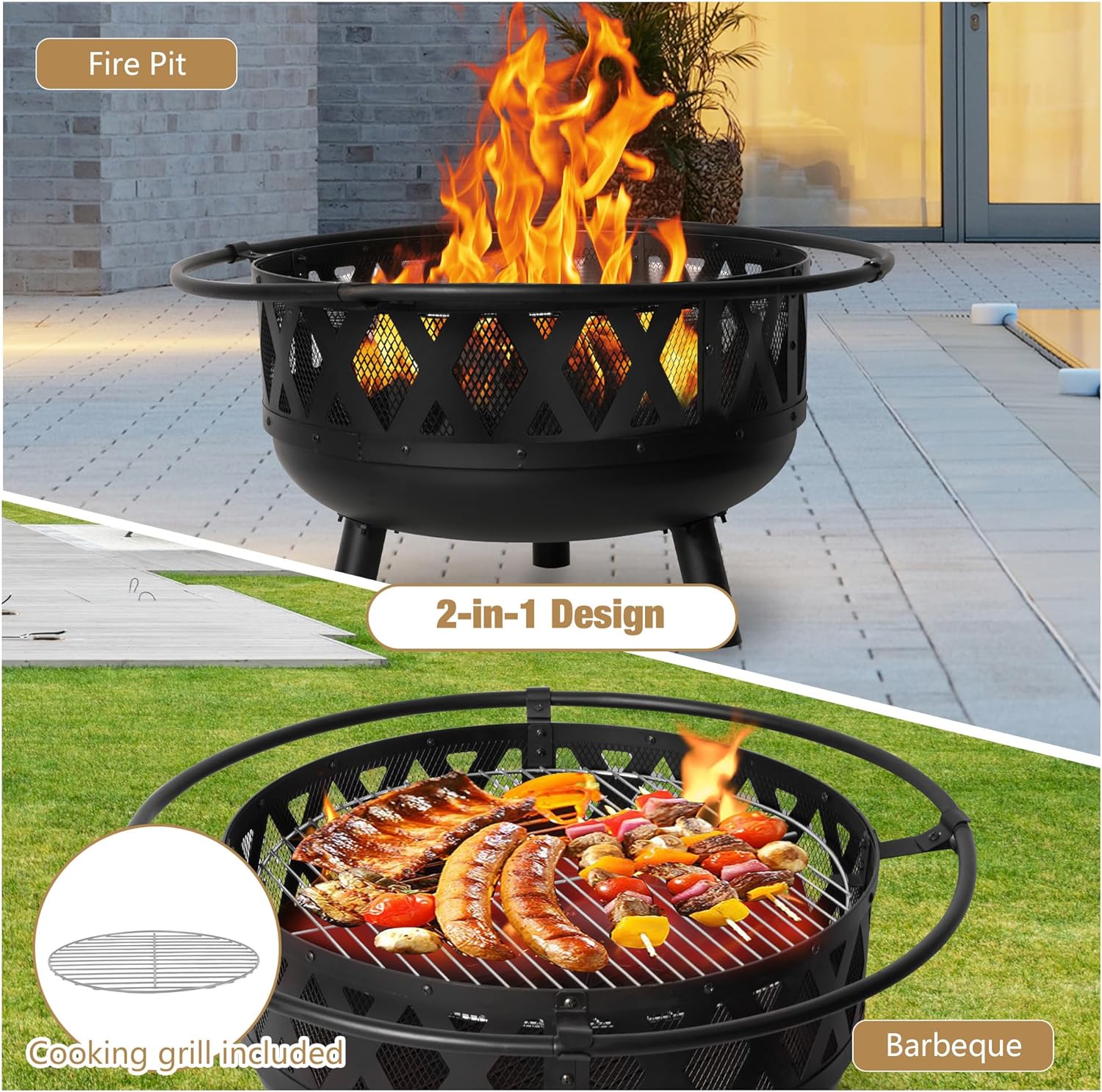 2-in-1  Outdoor Wood Burning Round Fire Pit with Steel BBQ Grill, Spark Screen, Black