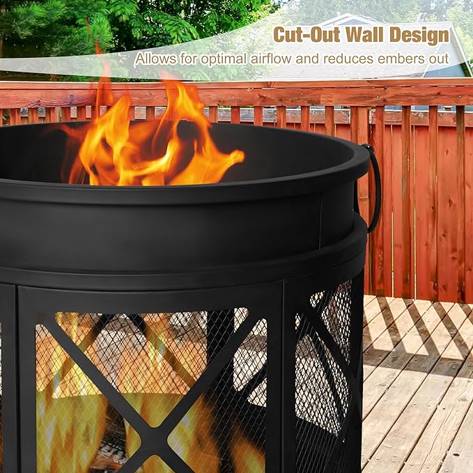 Outdoor Wood Burning Barrel Fire Pit with Steel, Wood Grate for Patio, Spark Screen, Black