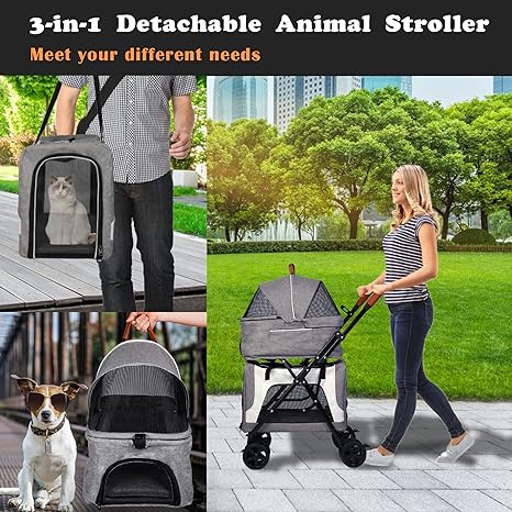 Foldable Pet Stroller, Detachable Double Dog Stroller for 2 Dogs/Cats, Portable Waterproof Pet Jogging Carrier