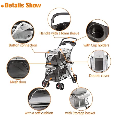 Double Pet Stroller for 2 Cats Dogs, 4 Wheels Foldable Cat Stroller, Dog Stroller for Small Medium Pets