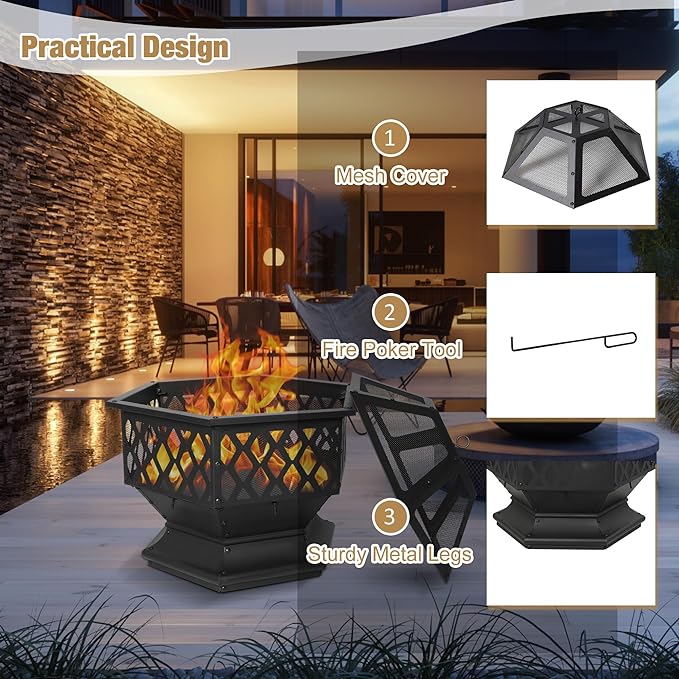 Outdoor Wood Burning Hexagon Fire Pit with Steel,Wood Grate for Patio, Spark Screen, Black