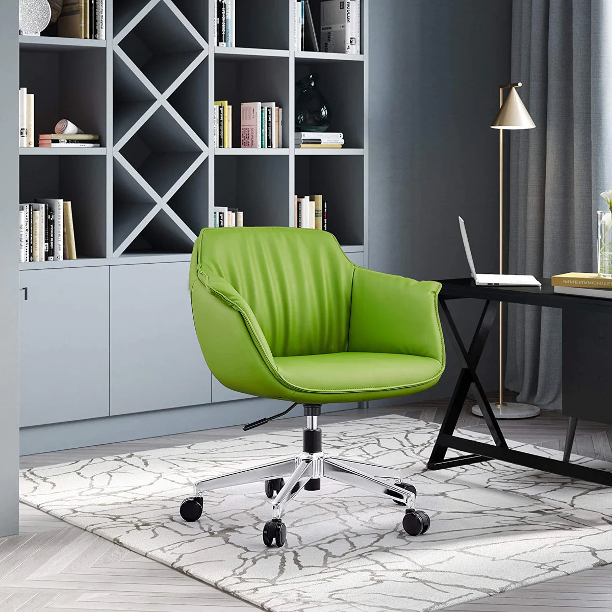 Adjustable Height Swivel PU Upholstered Modern Office Chair, Green，360° Swivel for Home & Office