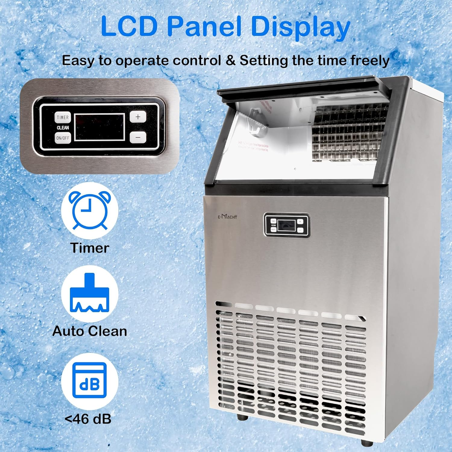 Commercial 100lbs/24H Ice Maker Machine Built-in Stainless Steel Ice Maker Machine with a smart LCD panel