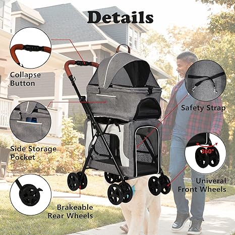 Foldable Pet Stroller, Detachable Double Dog Stroller for 2 Dogs/Cats, Portable Waterproof Pet Jogging Carrier