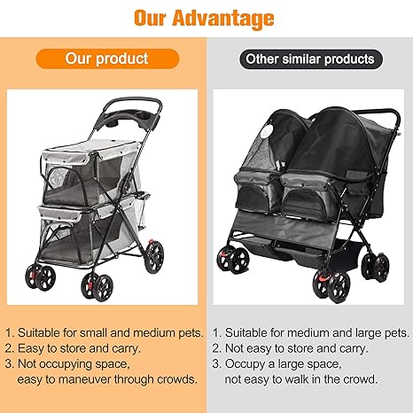 Double Pet Stroller for 2 Cats Dogs, 4 Wheels Foldable Cat Stroller, Dog Stroller for Small Medium Pets