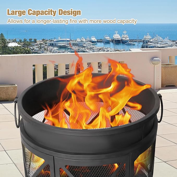 Outdoor Wood Burning Barrel Fire Pit with Steel, Wood Grate for Patio, Spark Screen, Black