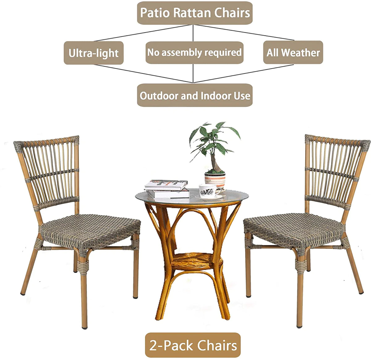 2 Set of  Patio Wicker Chairs Ultra-Light Dining Chairs with PE Rattan and Aluminum Frame