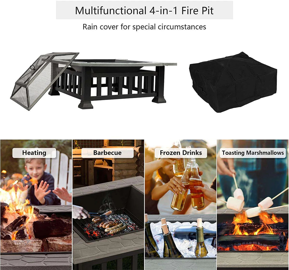 32  Outdoor Square Fire Pits Patio 4 in 1 Fire Pits for Heating Grilling Cooling Drinks & Food