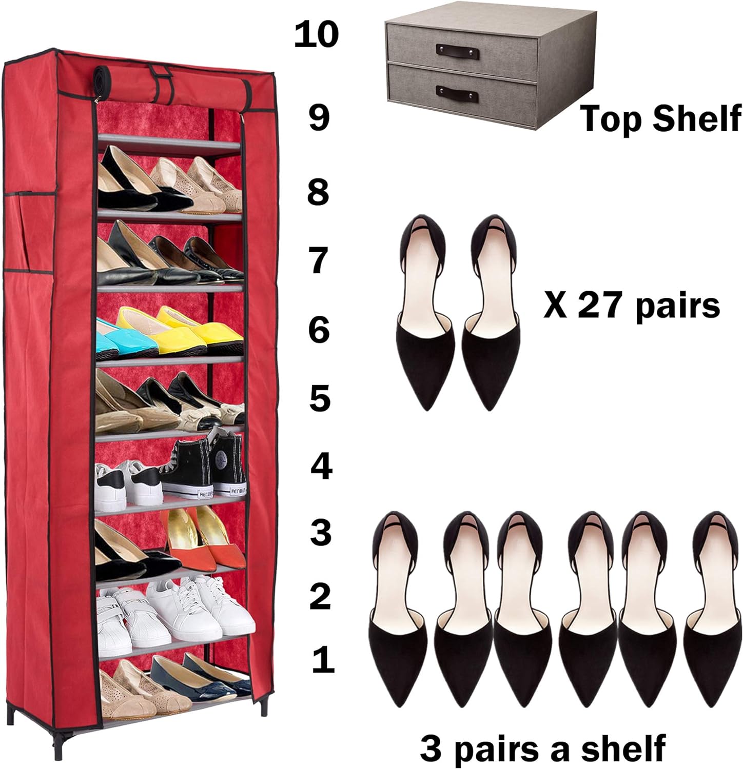 10 Tiers Shoe Rack with Dustproof Cover Shoes Storage Cabinet Boot Organizer Red