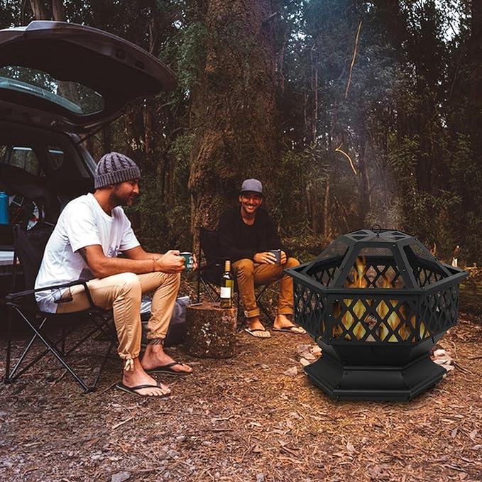 Outdoor Wood Burning Hexagon Fire Pit with Steel,Wood Grate for Patio, Spark Screen, Black