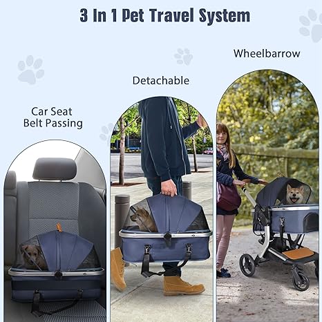 Multifunction Pet Stroller with Detachable Carrier & Cup Holder Foldable Aluminum Alloy Frame