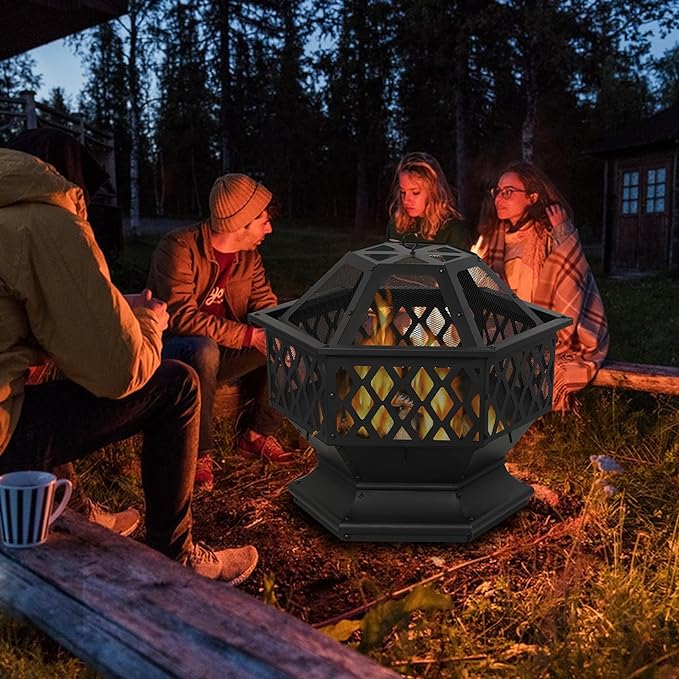 Outdoor Wood Burning Hexagon Fire Pit with Steel,Wood Grate for Patio, Spark Screen, Black