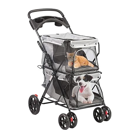 Double Pet Stroller for 2 Cats Dogs, 4 Wheels Foldable Cat Stroller, Dog Stroller for Small Medium Pets