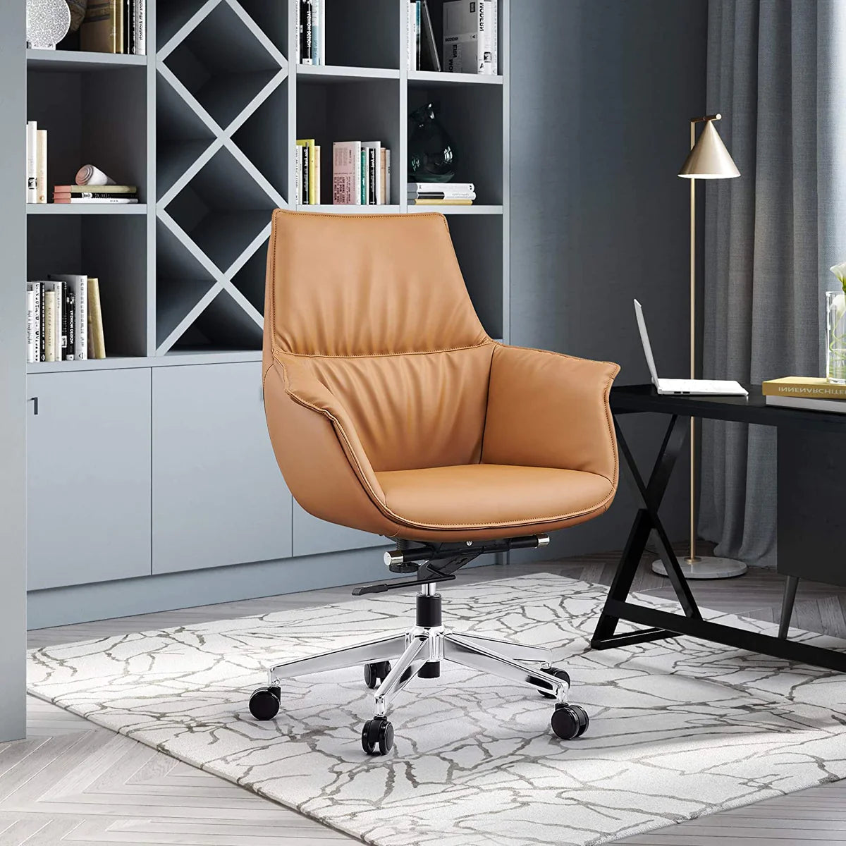 Height Adjustable PU Upholstered Modern Office Chair with Tiltable Back, Yellow，360° Swivel  | karmasfar.us    