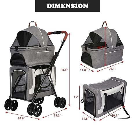 Foldable Pet Stroller, Detachable Double Dog Stroller for 2 Dogs/Cats, Portable Waterproof Pet Jogging Carrier