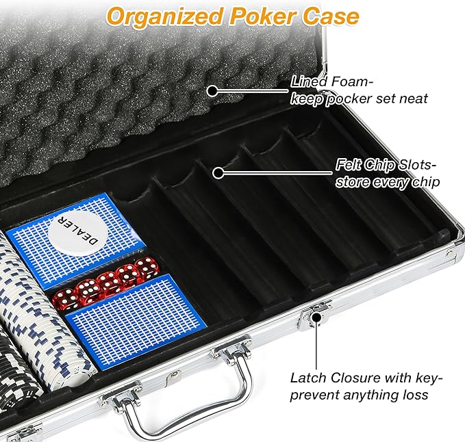 Poker Chip Set for Blackjack, Texas Holdem with Aluminum Case, 500 Plastic Casino Chips, 5 Dice, 2 Decks of Playing Card, Dealer Buttons