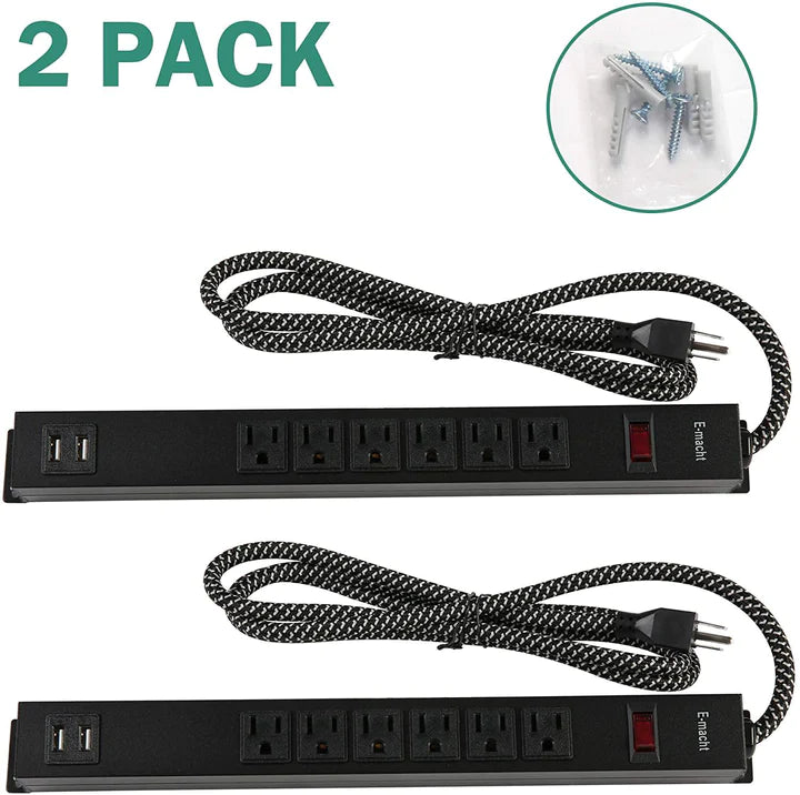 2 Pack Long Power Strip, 6 Metal Power Outlets 2 USB Ports, 6 ft Long Extension Cord with Hook & Loop, Black | karmasfar.us