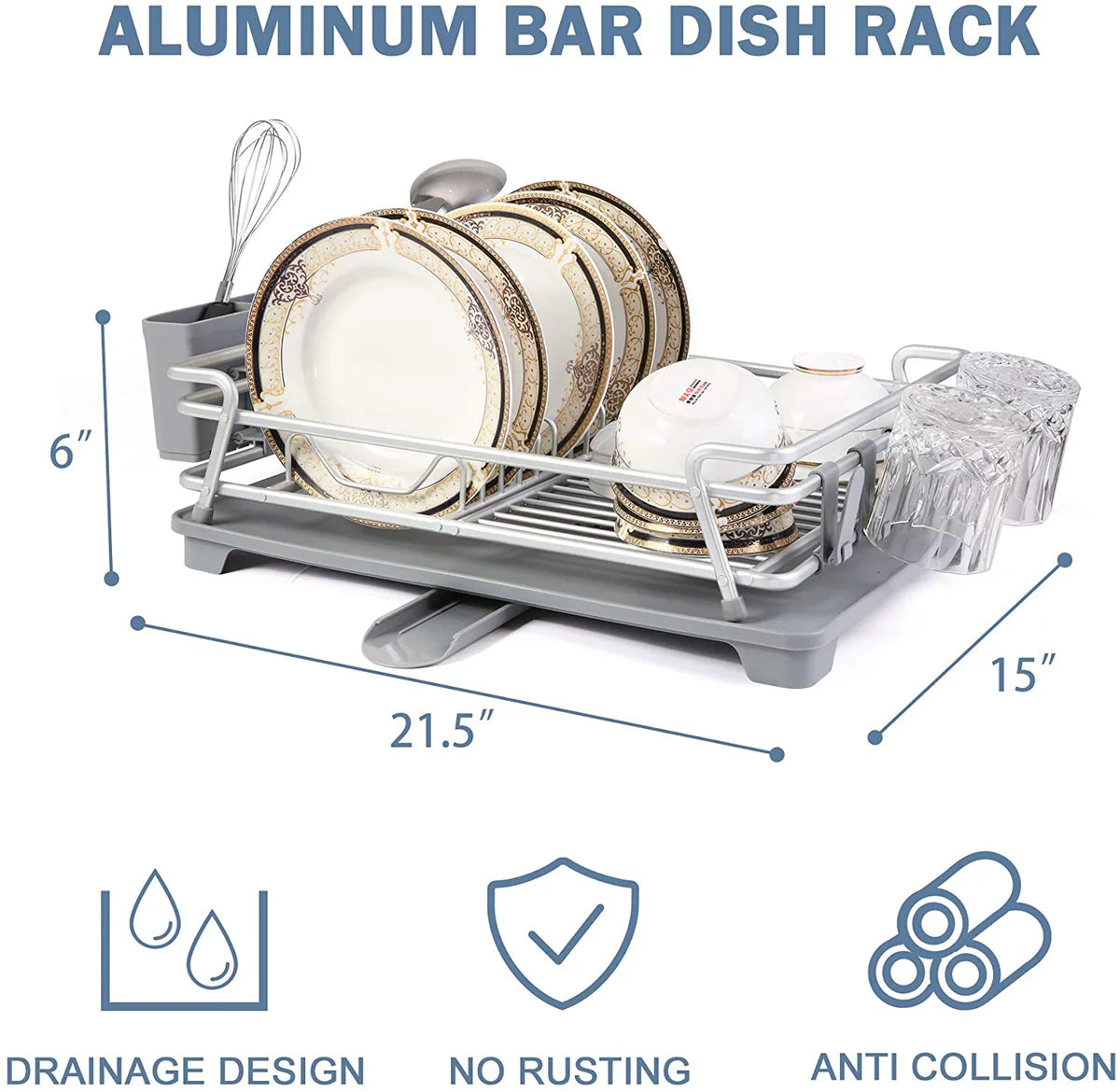 Dish Drying Rack with 360° Swivel Drain Board and Drain Spout,2 Tier Stainless Aluminum Dish Rack for Kitchen Countertop,Cutlery Holder with Removable Plastic Tray,Grey