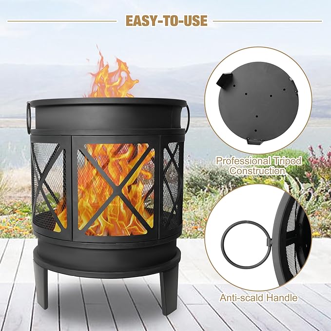 Outdoor Wood Burning Barrel Fire Pit with Steel, Wood Grate for Patio, Spark Screen, Black