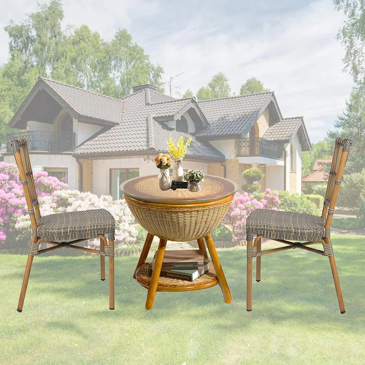 2 Set of  Patio Wicker Chairs Ultra-Light Dining Chairs with PE Rattan and Aluminum Frame