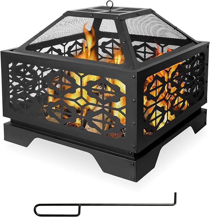 2-in-1 Outdoor Wood Burning Square Fire Pit with Steel BBQ Grill, Spark Screen, Black