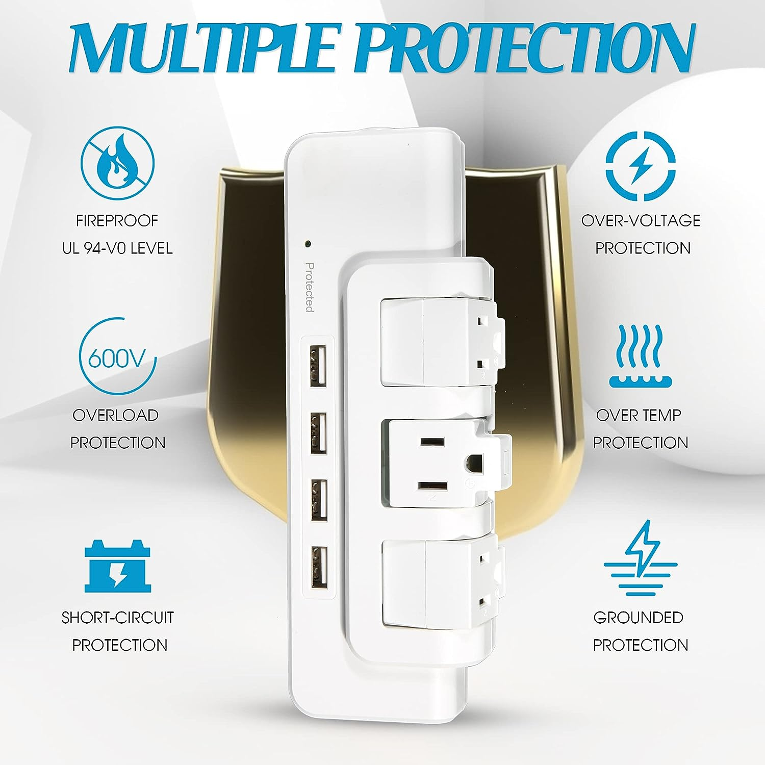 Rotating Power Strip Surge Protector 1020 Joules 3 Outlet Extender with 4 USB Ports and 6ft Heavy Duty Extension Cord