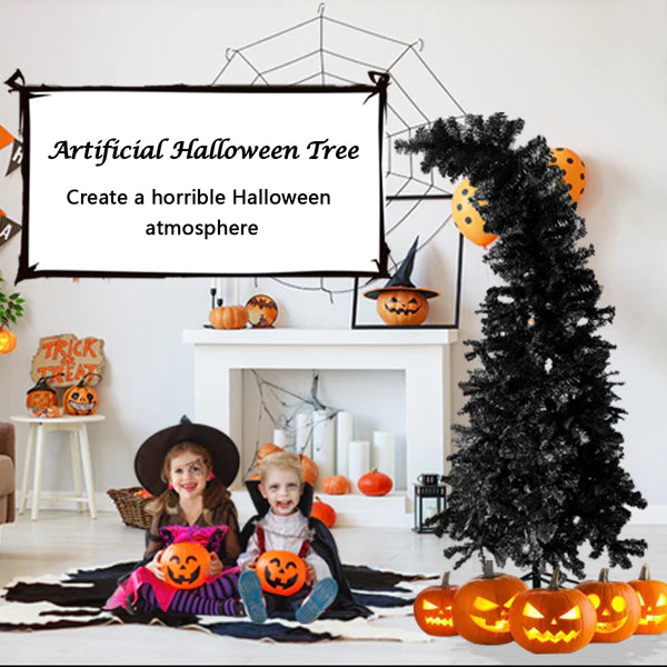 6.9' Artificial Christmas Tree Halloween Tree with 1050 Branch Tips, Crooked Top, Black