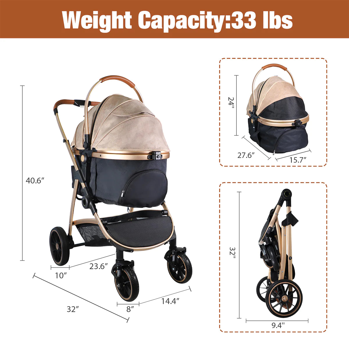 Pet Stroller for Small Dogs Cats, Stroller with Detachable Carrier, Telescopic Handle, One-Hand Quick Fold,Gold