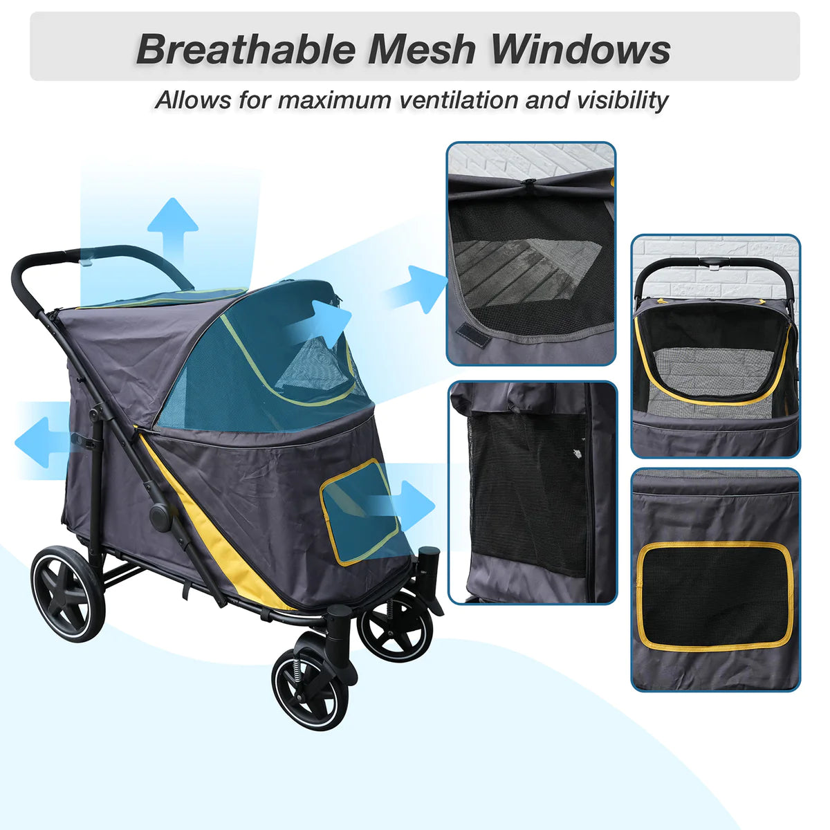 Foldable Pet Stroller Travel Carrier with Storage Pocket, Breathable Mesh, Gray and Yellow | karmasfar.us