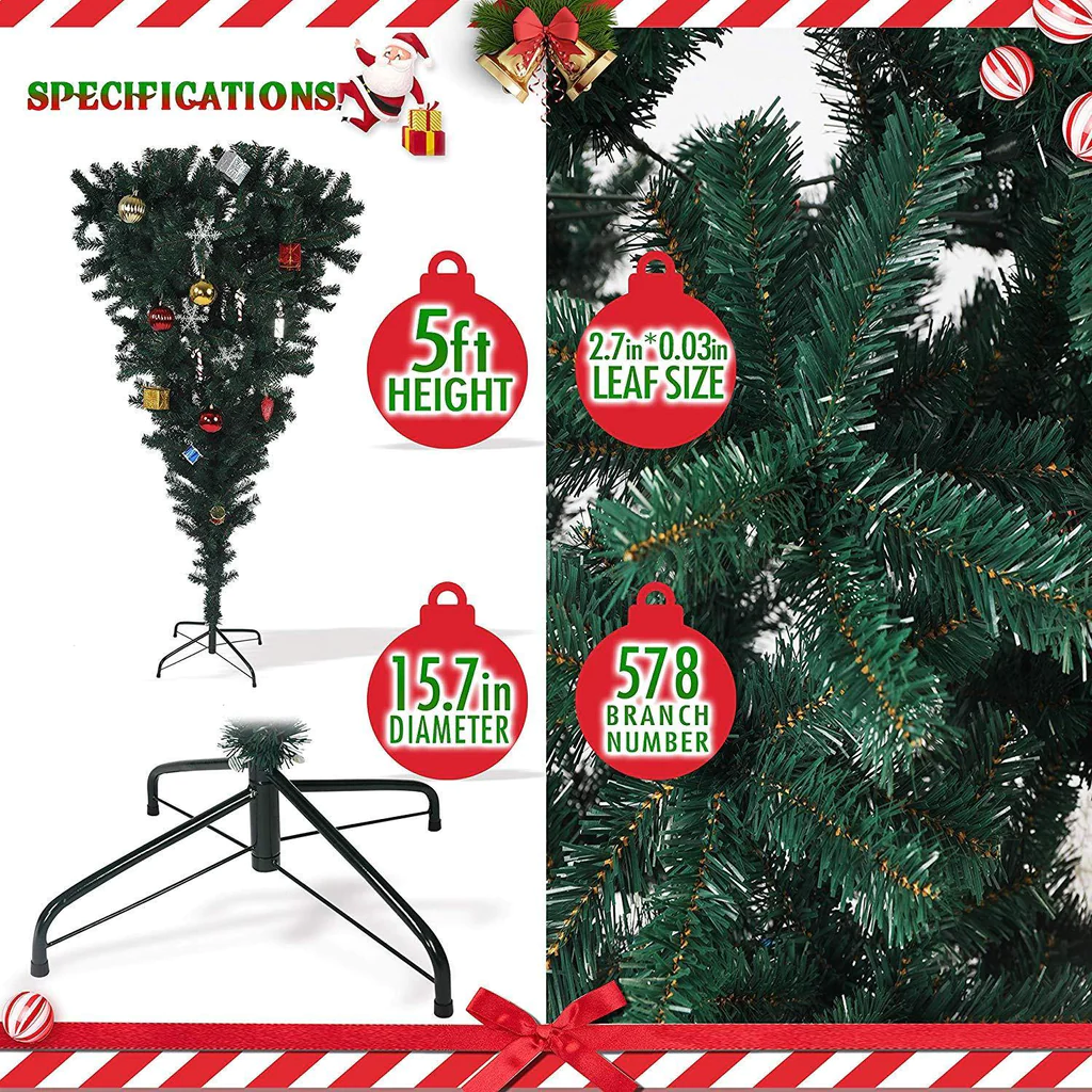 5' Premium Artificial Christmas Tree with 578 Branch Tip, Decorations, Upsidedown, Green