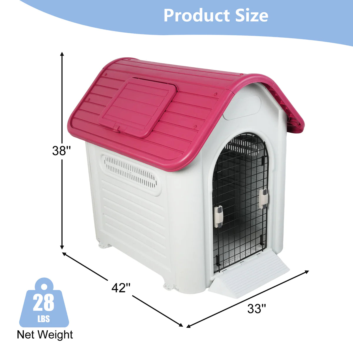 Outdoor Dog Houses Plastic Kennel with Mesh Iron Door and Air Vents, Red Proof
