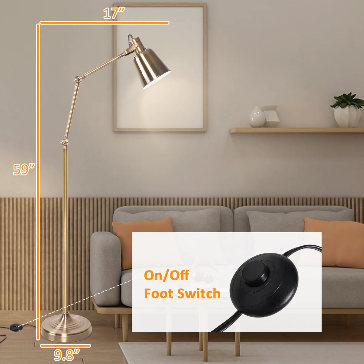 Modern Standing Floor Lamps with 8W LED Bulb, Foot Switch & Adjustable Head, Gold