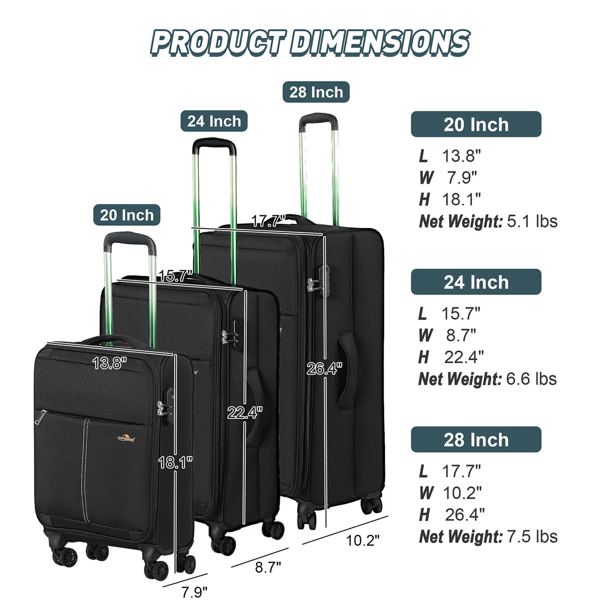 Luggage Sets 20 /24 /28  with Wheels and Smooth Trolley Lightweight Expandable Suitcase Set, Black