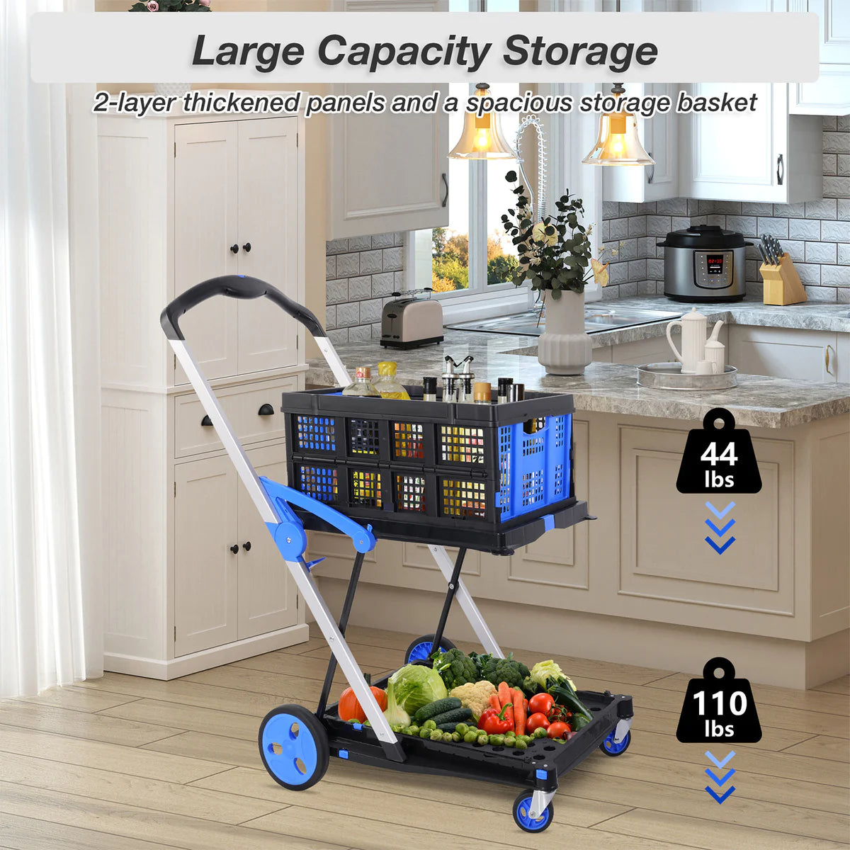 Double deck Multi-Functional Collapsible Carts Foldable Trolley with Storage Crate Rolling Swivel Wheels