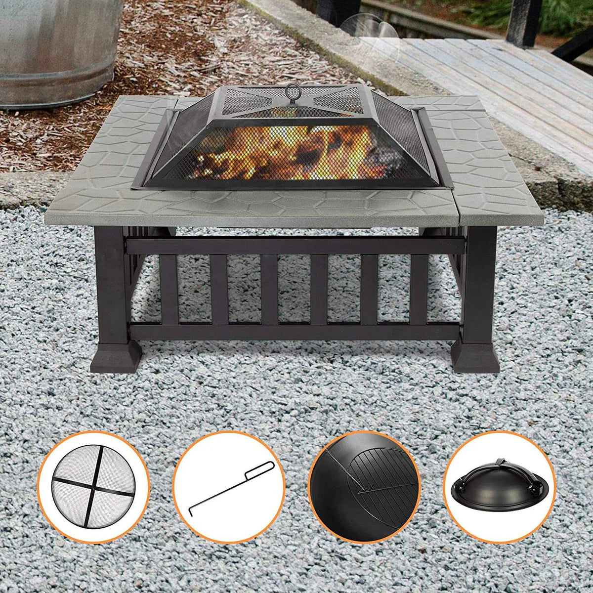 32  Outdoor Square Fire Pits Patio 4 in 1 Fire Pits for Heating Grilling Cooling Drinks & Food