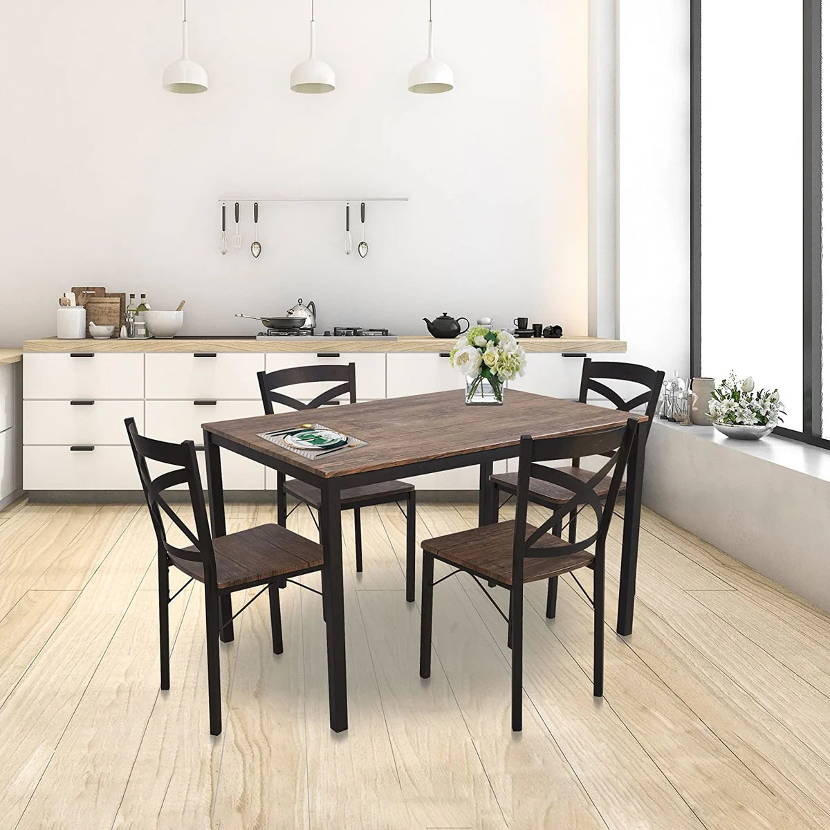 5 Piece Dining Table Set, 1 Dining Table 47.2  for 4 with 4 Dining Chairs Modern Dinette, Metal Backrest