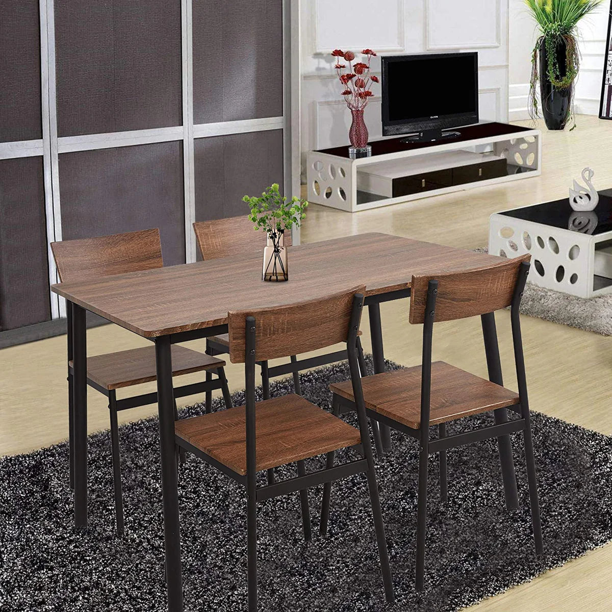 5 Piece Dining Table Set, 1 Dining Table 43.3" for 4 with 4 Dining Chairs Rustic Wooden Dinette, Wood Backrest
