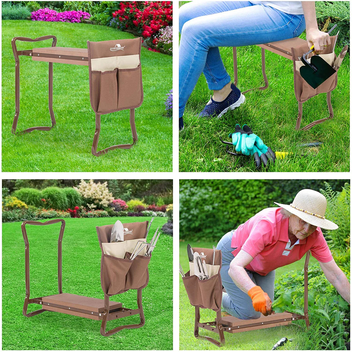 Portable Foldable Garden Kneeler Bench with Tools Bag, Brown
