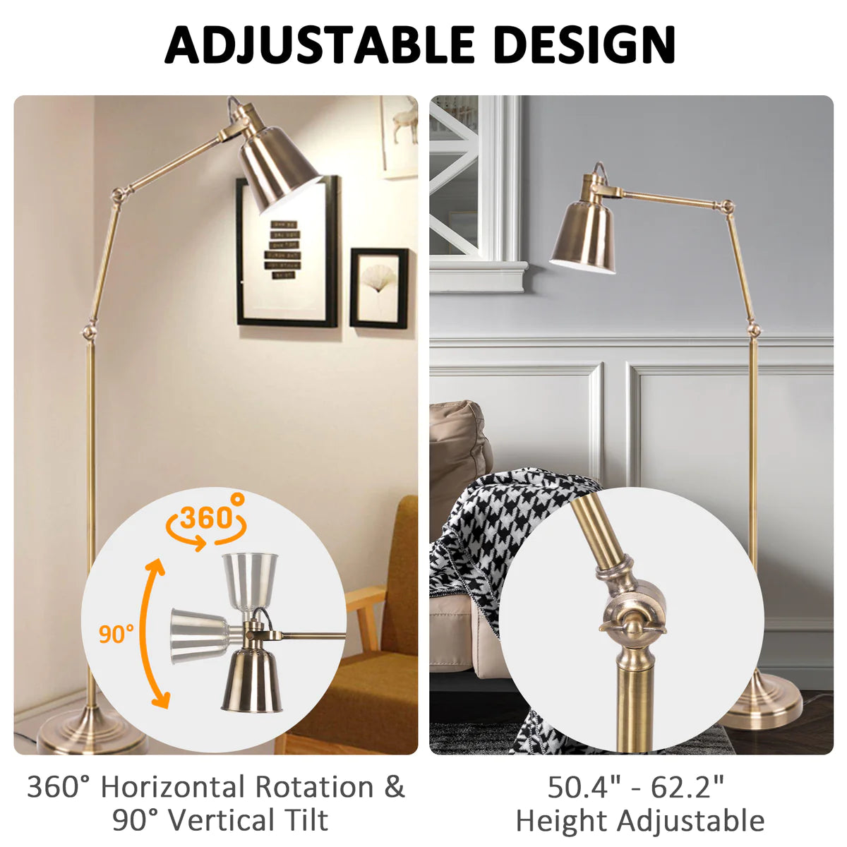 Modern Standing Floor Lamps with 8W LED Bulb, Foot Switch & Adjustable Head, Gold