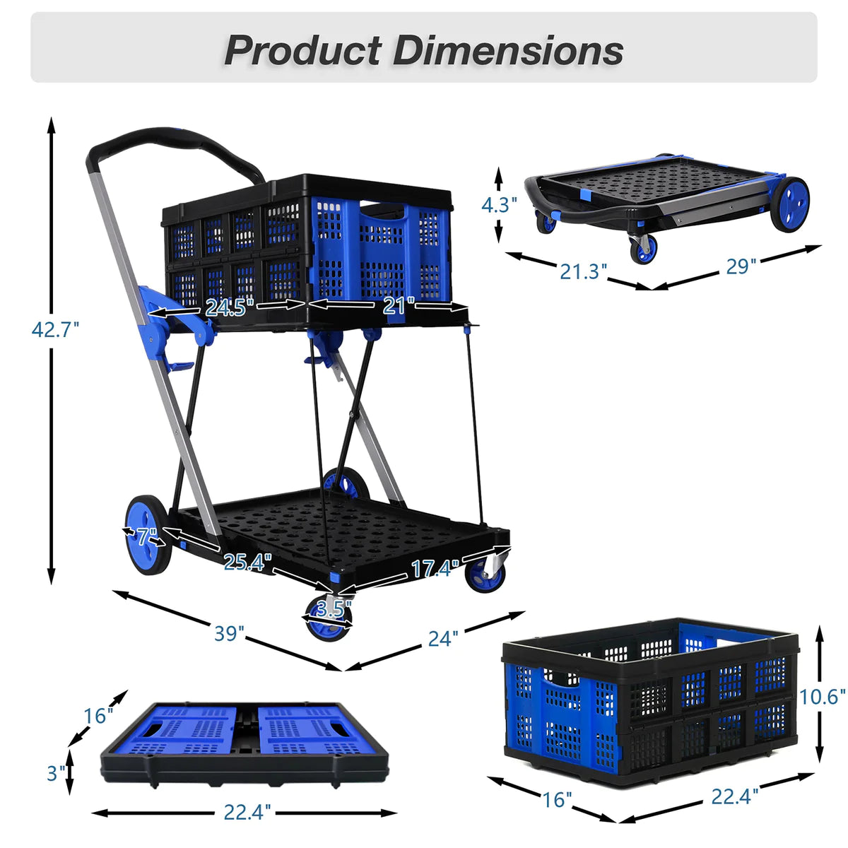 Double deck Multi-Functional Collapsible Carts Foldable Trolley with Storage Crate Rolling Swivel Wheels