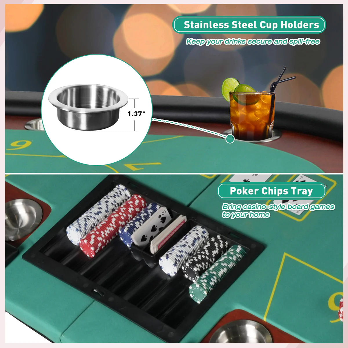 84  Folding Poker Table 10 Player Card Table with 10 Cup Holder for Texas Casino